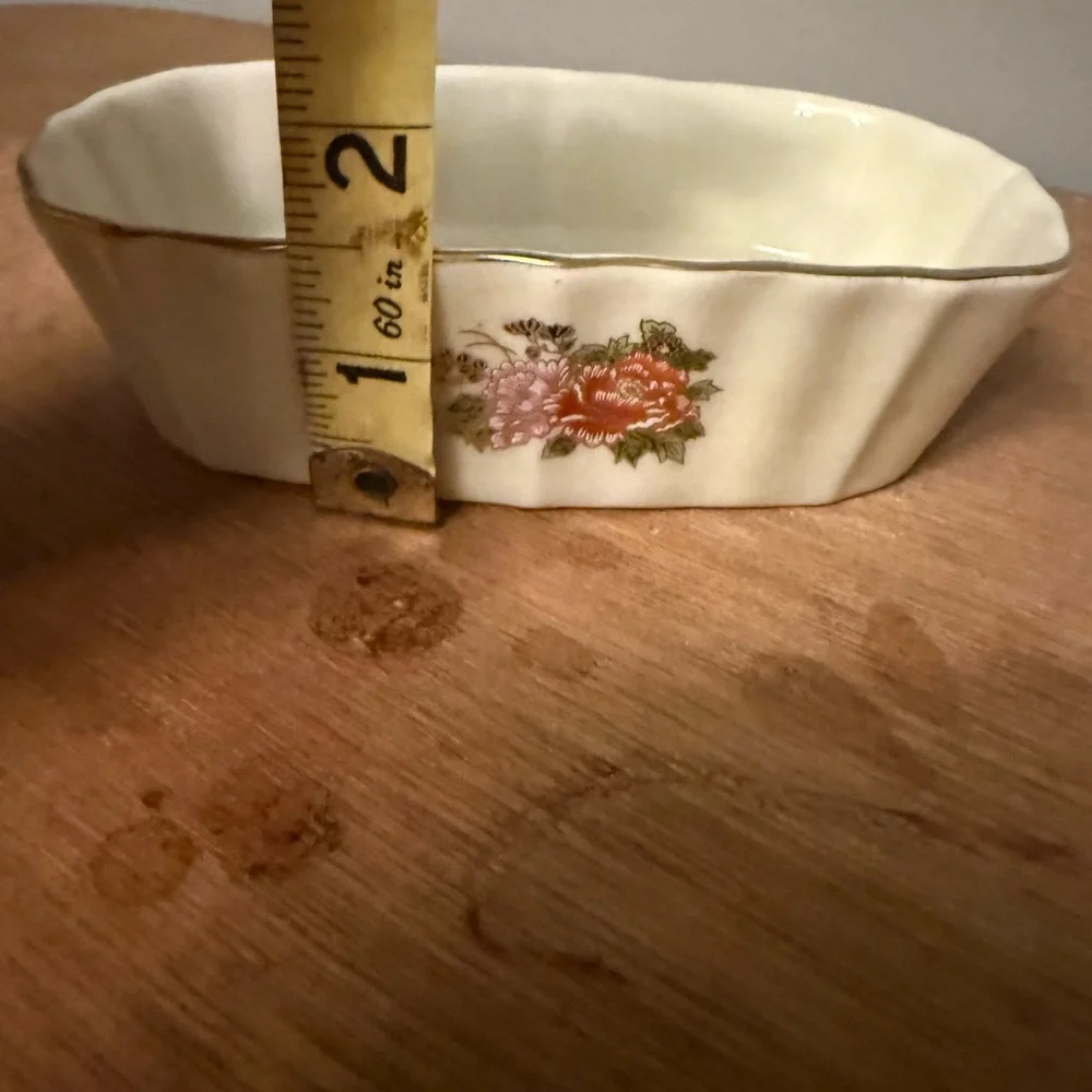 Vintage Japanese Porcelain floral, bird, print gold edge Soap or Trinket Dish